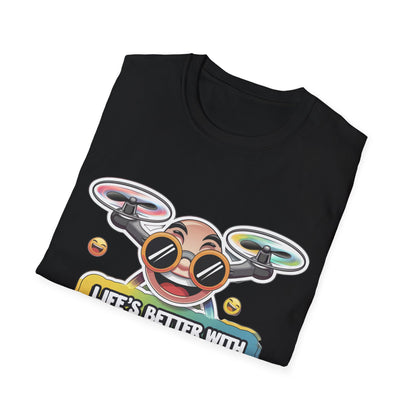 "Life’s Better With Drones and Laughter" – Fun Cartoon Drone T-Shirt