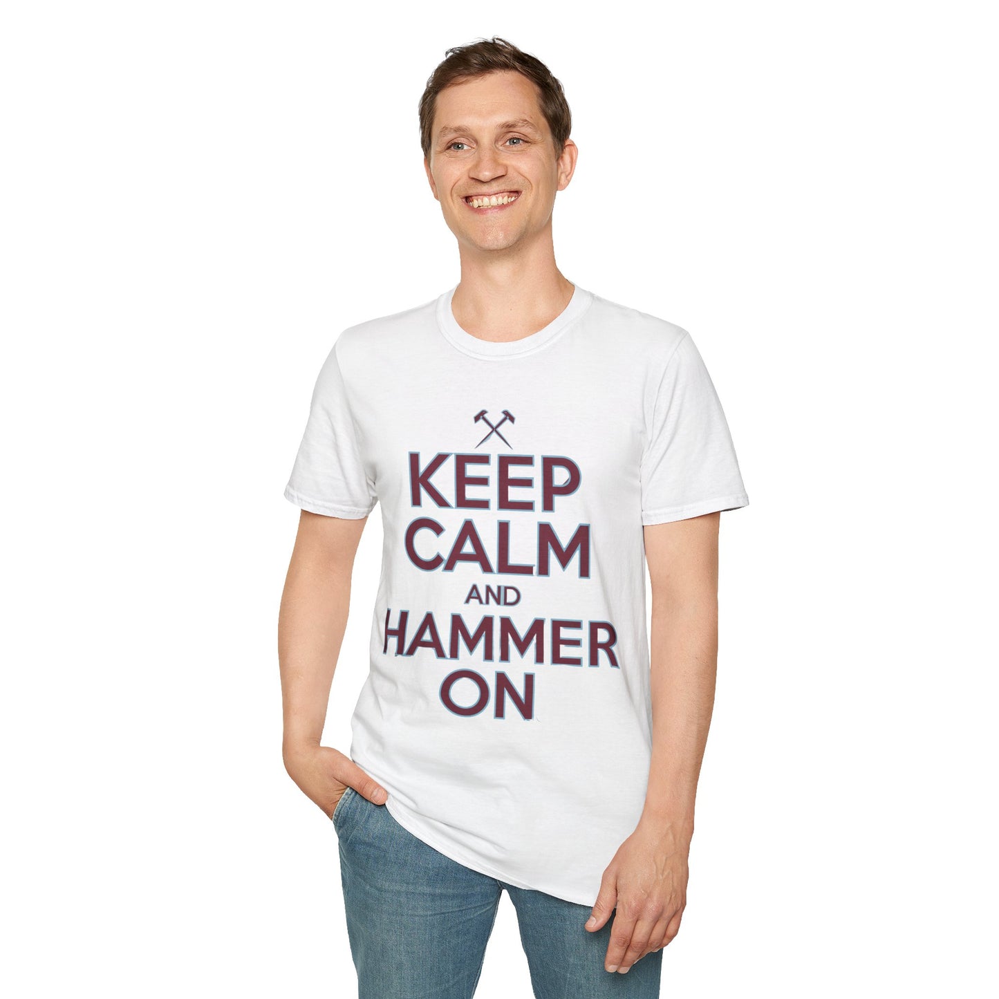 West Ham T-Shirt - "Keep Calm and Hammer On" - West Ham United Fan Apparel Unisex Softstyle