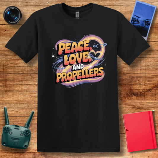 “Peace, Love, and Propellers” Retro Drone Enthusiast T-Shirt