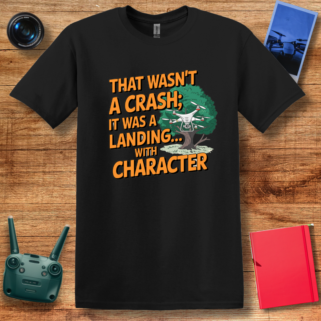 "That Wasn’t a Crash; It Was a Landing... with Character" Funny Drone T-Shirt