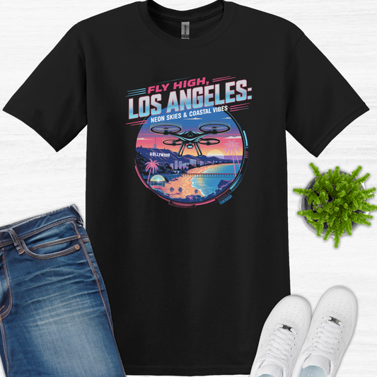 "Fly High, Los Angeles: Neon Skies & Coastal Vibes" – Premium Drone T-Shirt