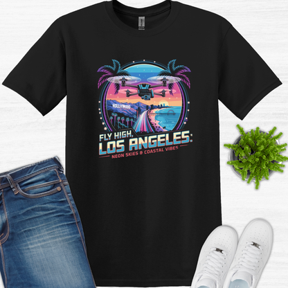 "Fly High, Los Angeles: Neon Skies & Coastal Vibes" V3 – Premium Drone T-Shirt