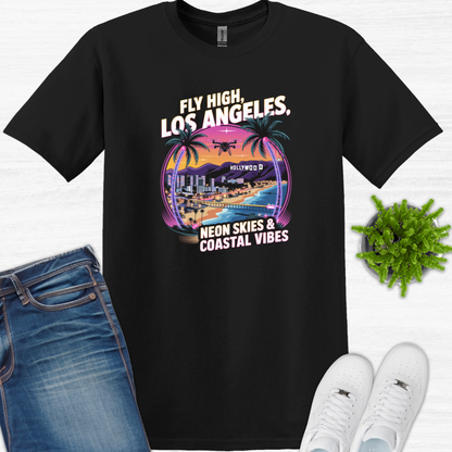 "Fly High, Los Angeles: Neon Skies & Coastal Vibes" V2 – Premium Drone T-Shirt