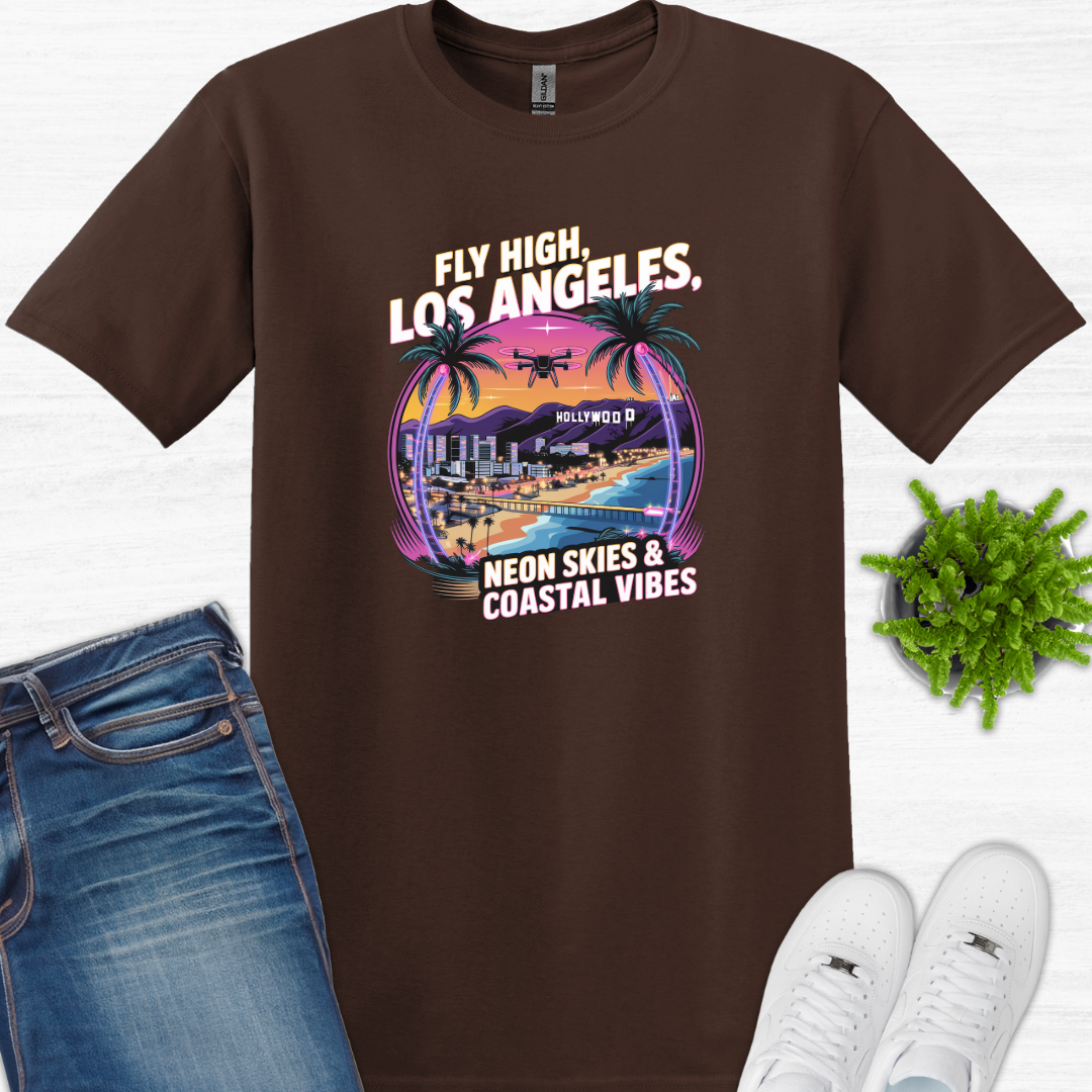 "Fly High, Los Angeles: Neon Skies & Coastal Vibes" V2 – Premium Drone T-Shirt