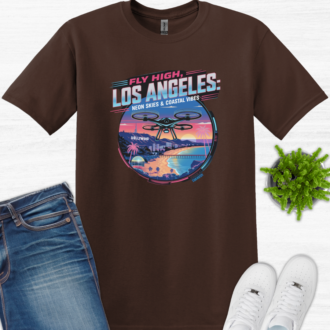 "Fly High, Los Angeles: Neon Skies & Coastal Vibes" – Premium Drone T-Shirt