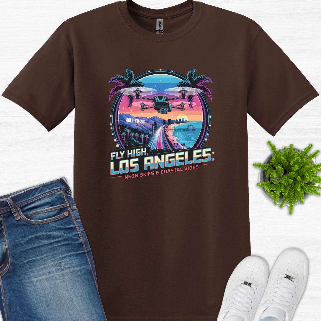 "Fly High, Los Angeles: Neon Skies & Coastal Vibes" V3 – Premium Drone T-Shirt