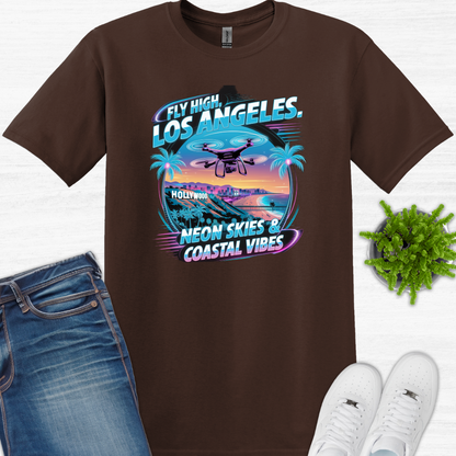 "Fly High, Los Angeles: Neon Skies & Coastal Vibes" V4 – Premium Drone T-Shirt