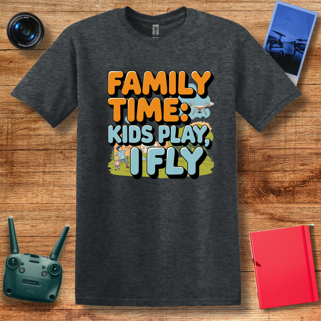 "Family Time: Kids Play, I Fly" Fun Cartoon-Style T-Shirt