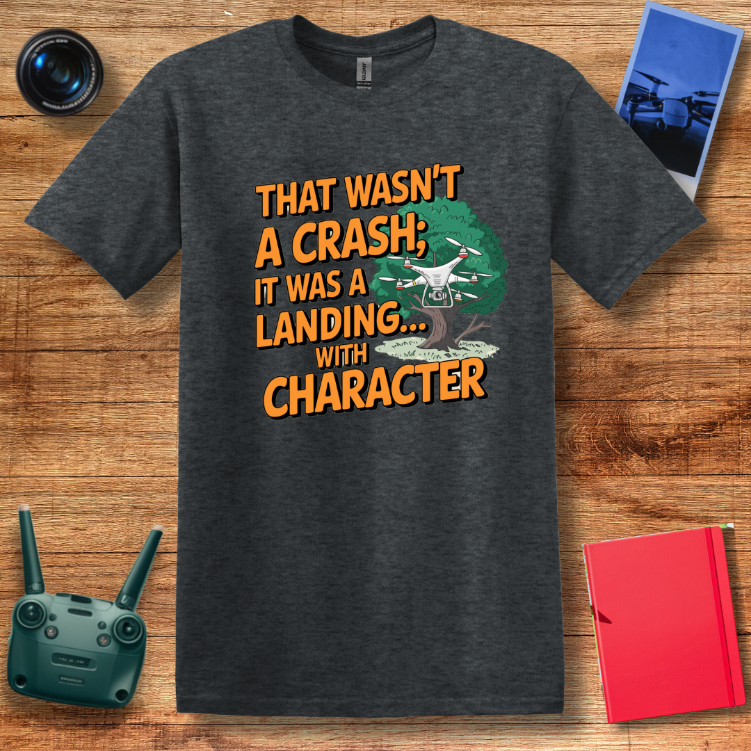 "That Wasn’t a Crash; It Was a Landing... with Character" Funny Drone T-Shirt