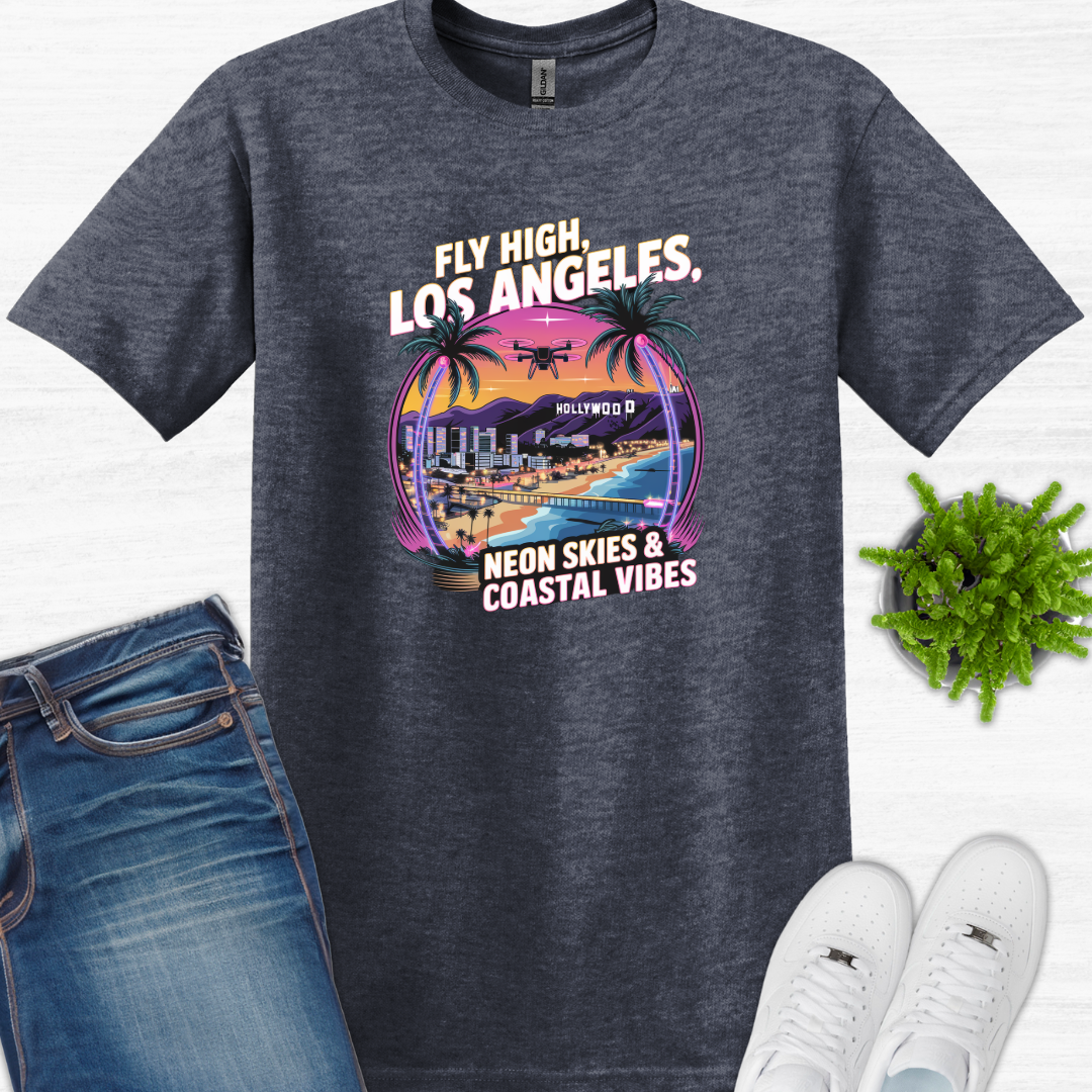 "Fly High, Los Angeles: Neon Skies & Coastal Vibes" V2 – Premium Drone T-Shirt