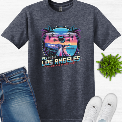 "Fly High, Los Angeles: Neon Skies & Coastal Vibes" V3 – Premium Drone T-Shirt