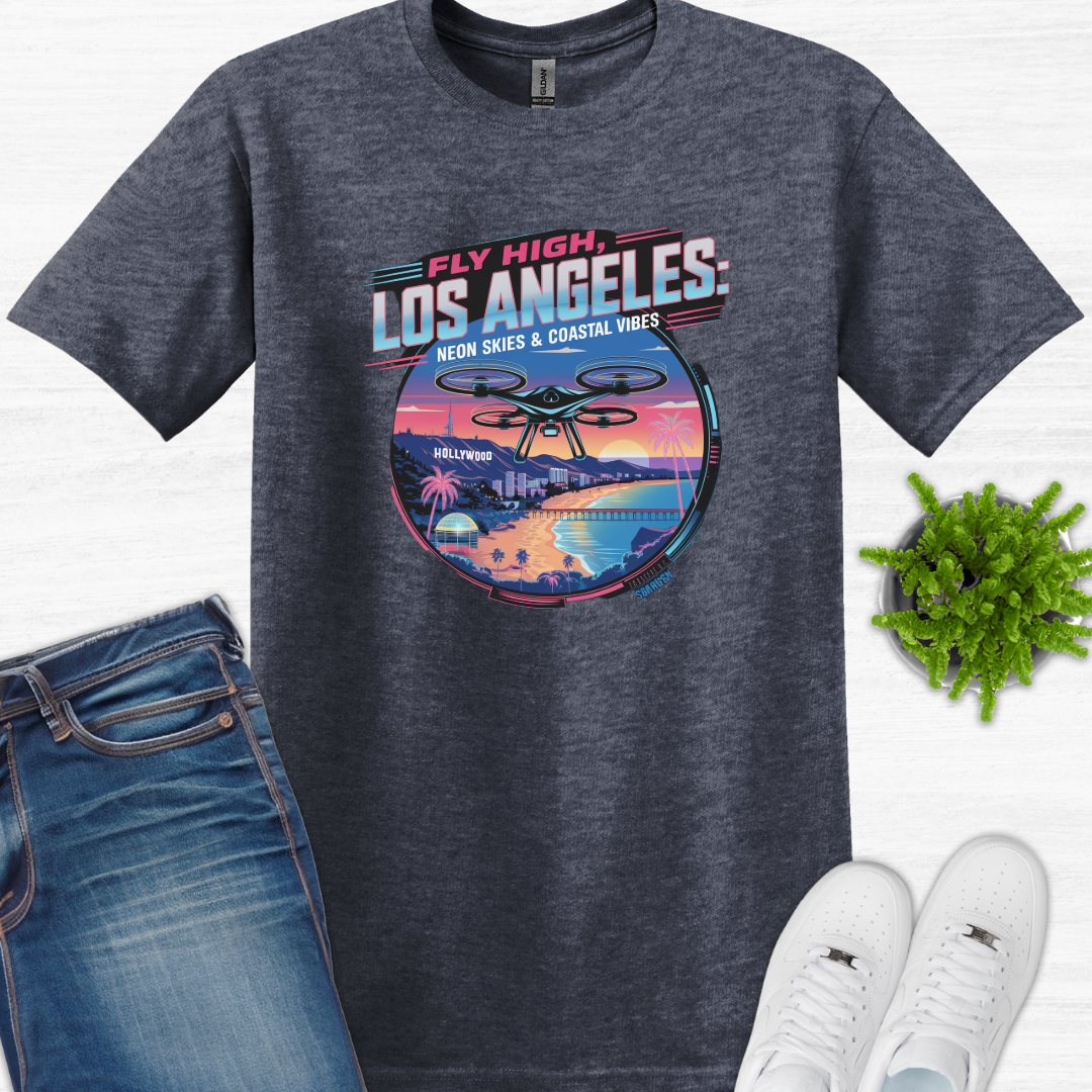 "Fly High, Los Angeles: Neon Skies & Coastal Vibes" – Premium Drone T-Shirt