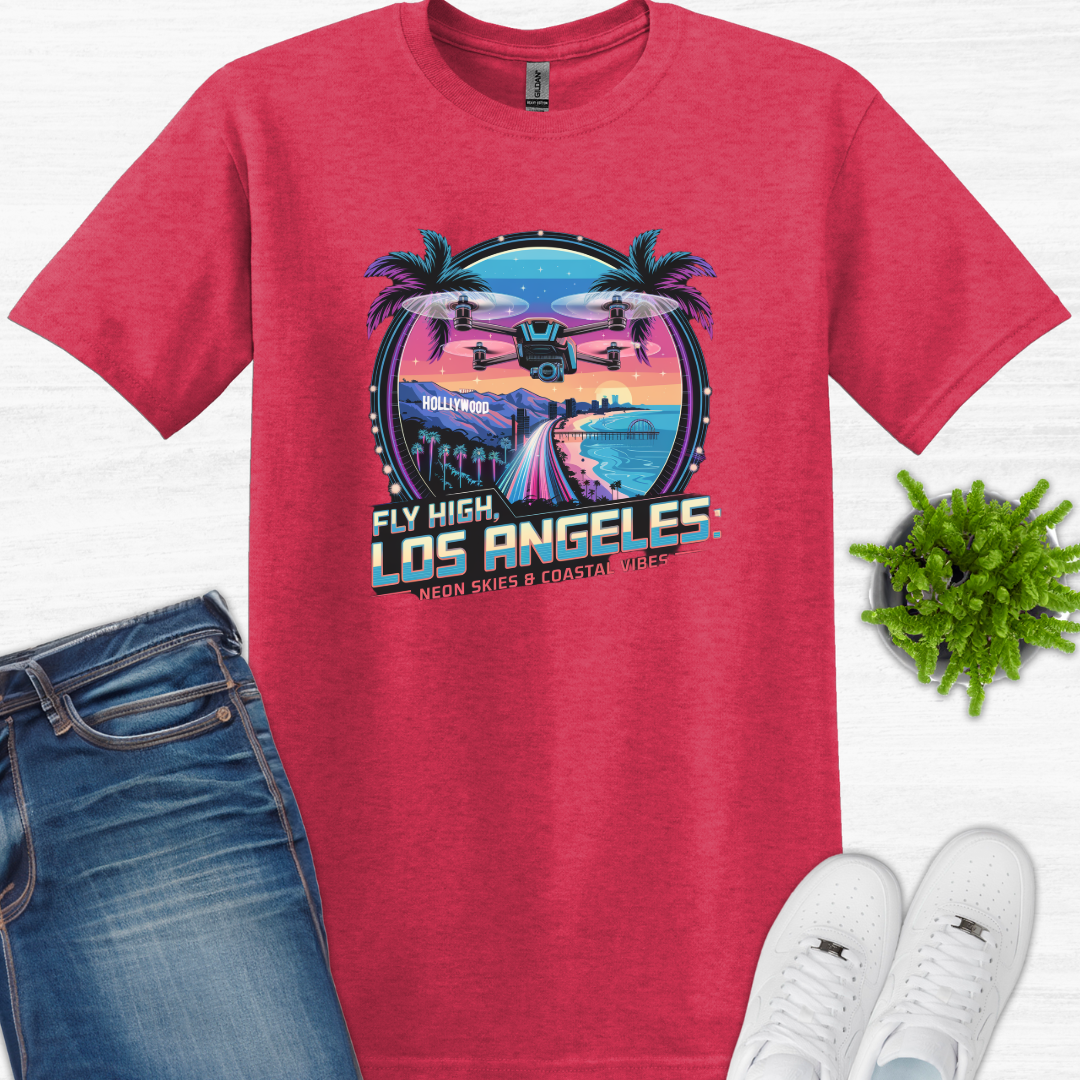 "Fly High, Los Angeles: Neon Skies & Coastal Vibes" V3 – Premium Drone T-Shirt