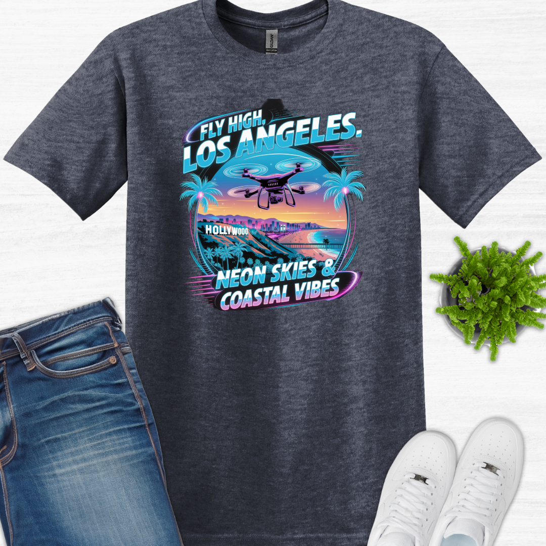 "Fly High, Los Angeles: Neon Skies & Coastal Vibes" V4 – Premium Drone T-Shirt