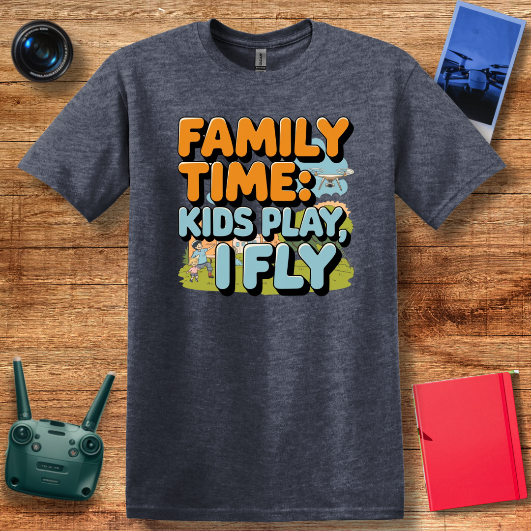 "Family Time: Kids Play, I Fly" Fun Cartoon-Style T-Shirt