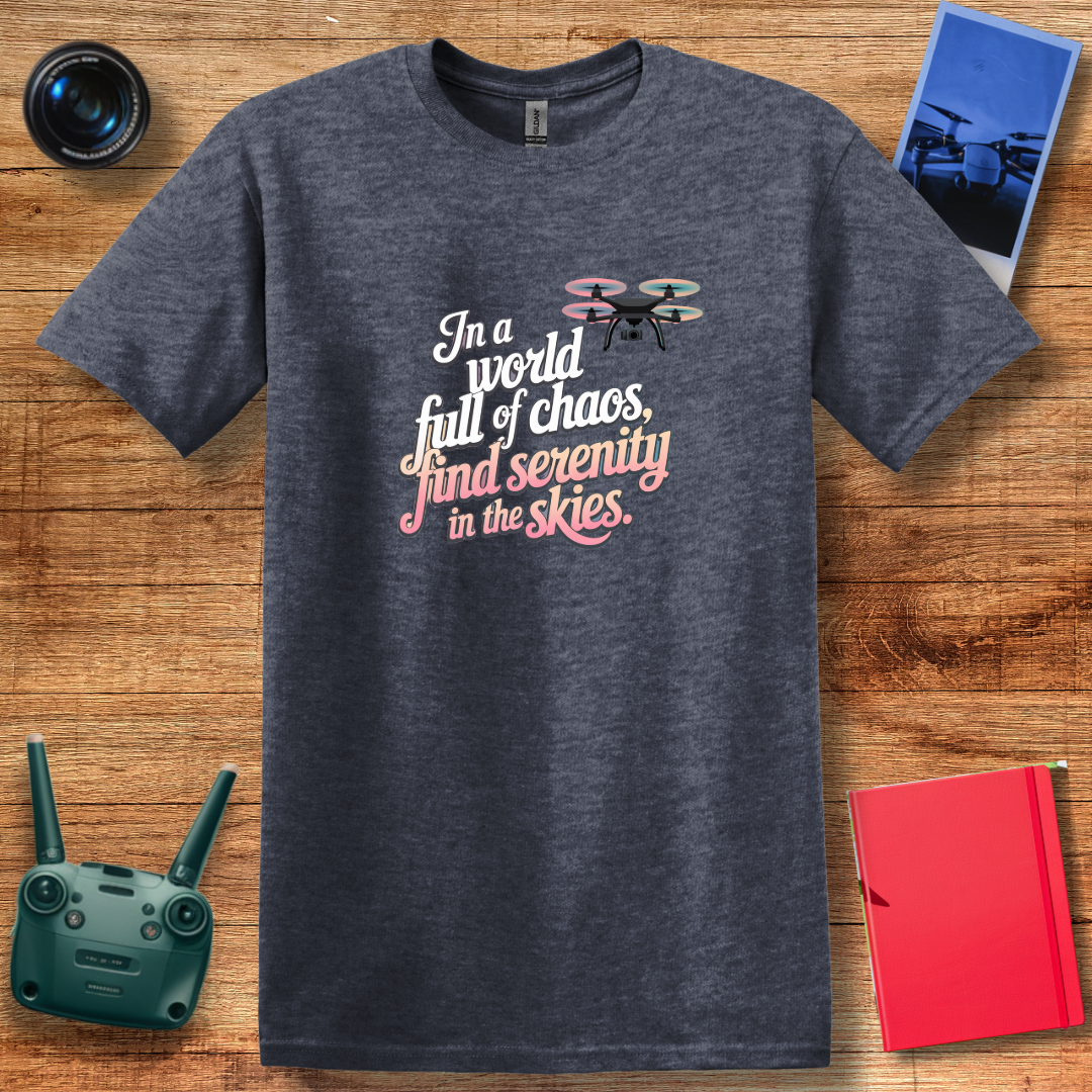 "In a World Full of Chaos, Find Serenity in the Skies" Inspirational Drone T-Shirt