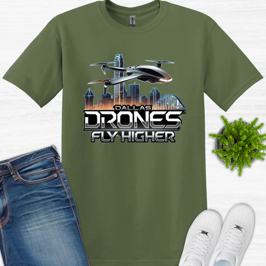 "Dallas Drones Fly Higher" V2 – Dallas, Texas Drone T-Shirt