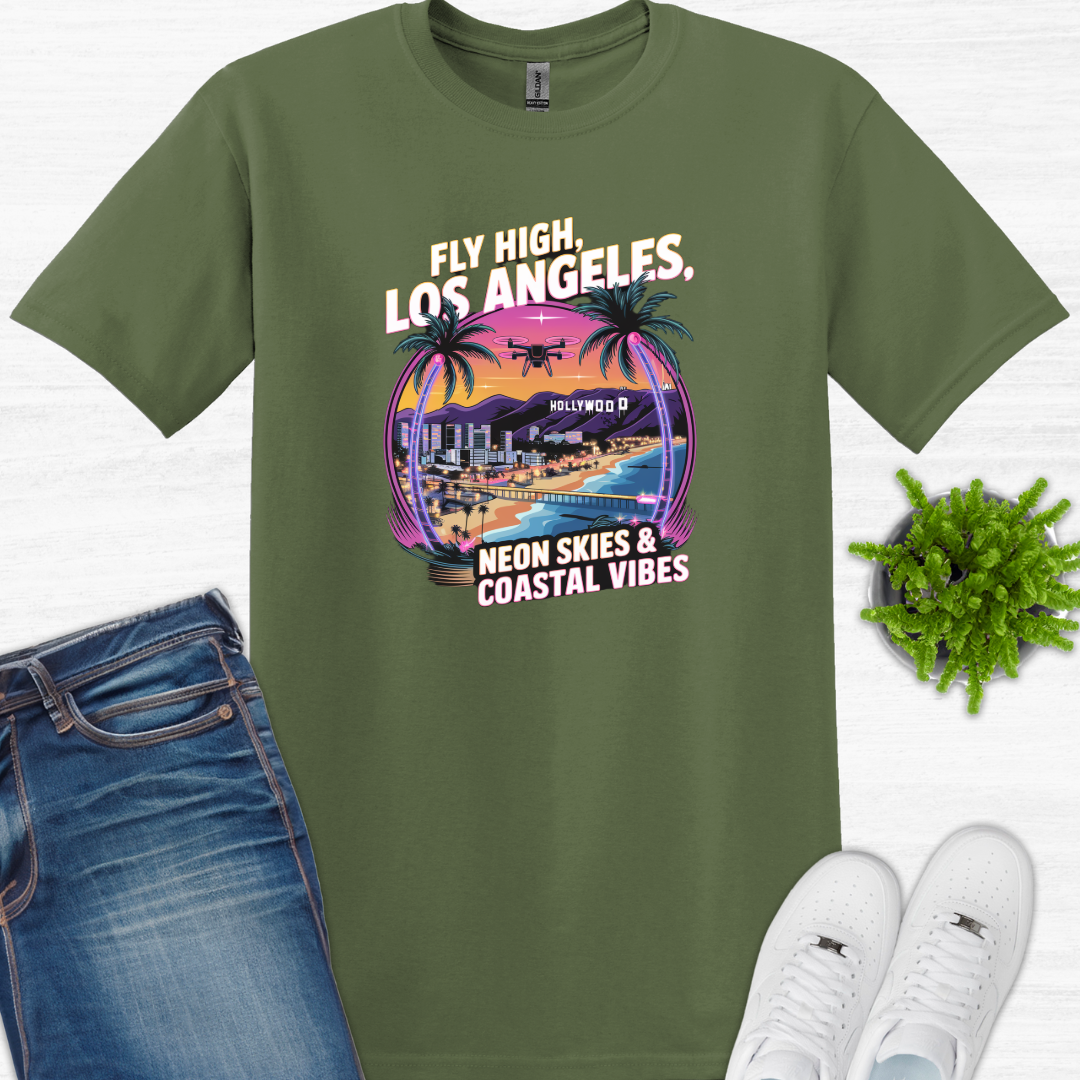 "Fly High, Los Angeles: Neon Skies & Coastal Vibes" V2 – Premium Drone T-Shirt