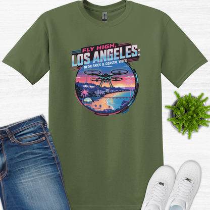 "Fly High, Los Angeles: Neon Skies & Coastal Vibes" – Premium Drone T-Shirt