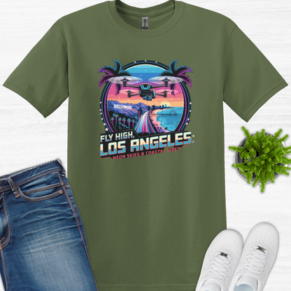 "Fly High, Los Angeles: Neon Skies & Coastal Vibes" V3 – Premium Drone T-Shirt