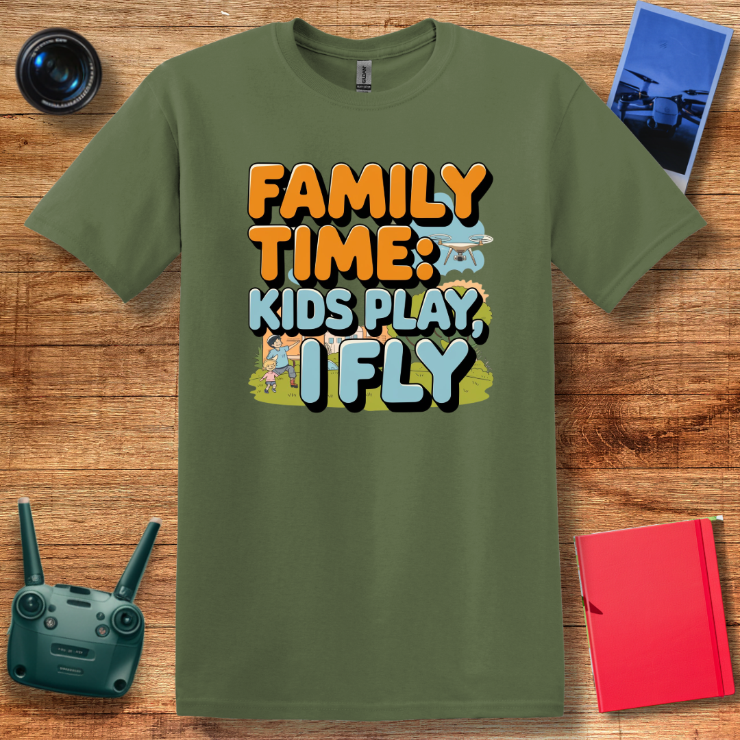 "Family Time: Kids Play, I Fly" Fun Cartoon-Style T-Shirt