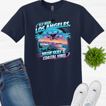 "Fly High, Los Angeles: Neon Skies & Coastal Vibes" V4 – Premium Drone T-Shirt