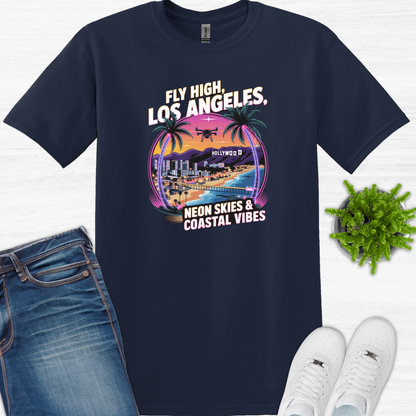 "Fly High, Los Angeles: Neon Skies & Coastal Vibes" V2 – Premium Drone T-Shirt