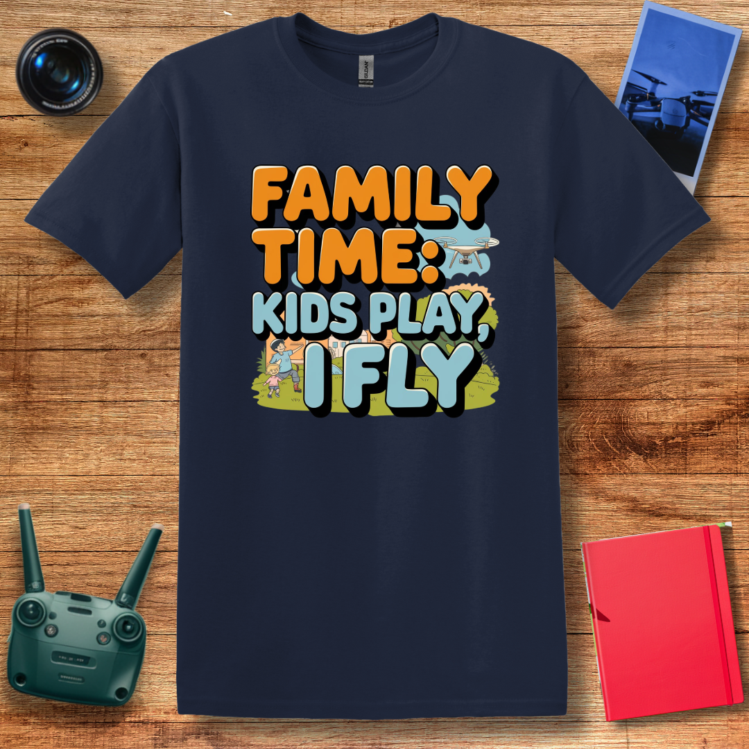 "Family Time: Kids Play, I Fly" Fun Cartoon-Style T-Shirt