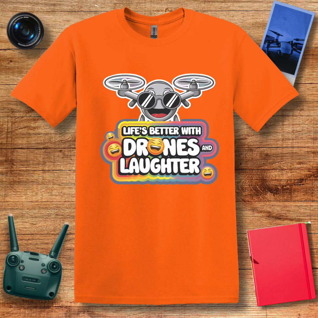 "Life’s Better With Drones and Laughter" – Fun Cartoon Drone T-Shirt