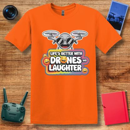 "Life’s Better With Drones and Laughter" – Fun Cartoon Drone T-Shirt