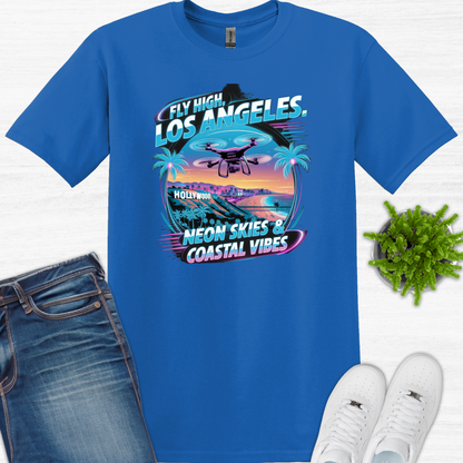 "Fly High, Los Angeles: Neon Skies & Coastal Vibes" V4 – Premium Drone T-Shirt