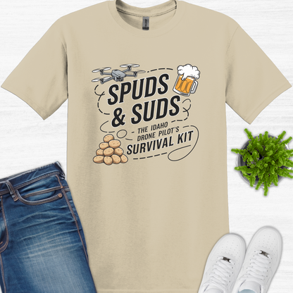 "Spuds & Suds – The Idaho Drone Pilot’s Survival Kit!"  - Funny Drone T-Shirt V2