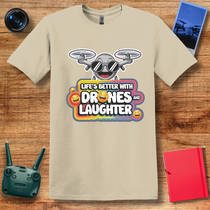 "Life’s Better With Drones and Laughter" – Fun Cartoon Drone T-Shirt