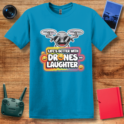 "Life’s Better With Drones and Laughter" – Fun Cartoon Drone T-Shirt