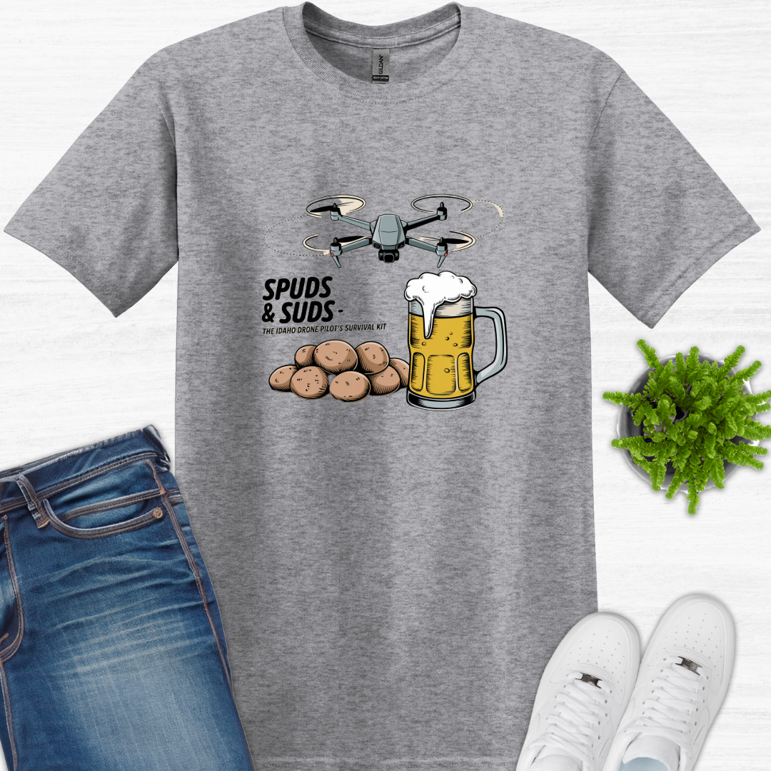 "Spuds & Suds – The Idaho Drone Pilot’s Survival Kit!"  - Funny Drone T-Shirt V1