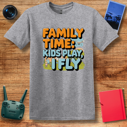 "Family Time: Kids Play, I Fly" Fun Cartoon-Style T-Shirt