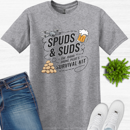 "Spuds & Suds – The Idaho Drone Pilot’s Survival Kit!"  - Funny Drone T-Shirt V2