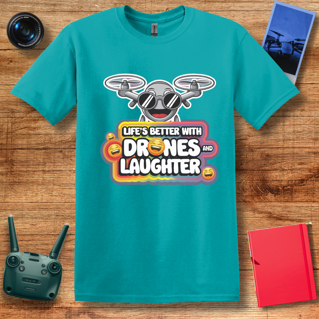 "Life’s Better With Drones and Laughter" – Fun Cartoon Drone T-Shirt