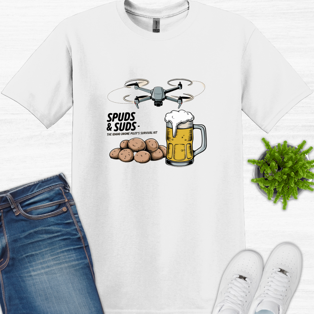 "Spuds & Suds – The Idaho Drone Pilot’s Survival Kit!"  - Funny Drone T-Shirt V1