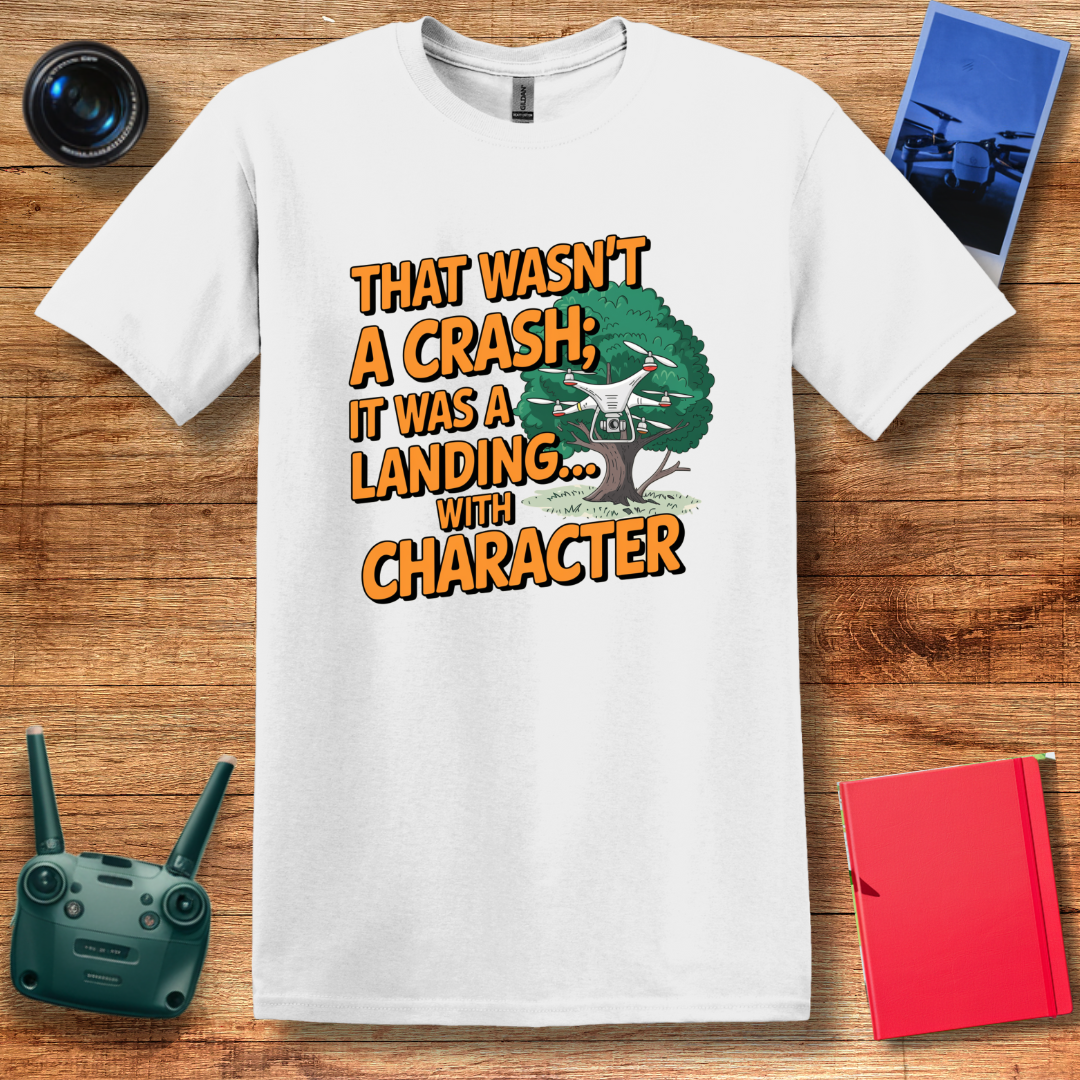 "That Wasn’t a Crash; It Was a Landing... with Character" Funny Drone T-Shirt